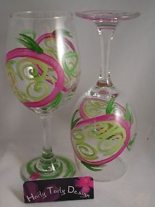 2 Hand Painted Pink and Green Turtle Wine Glasses