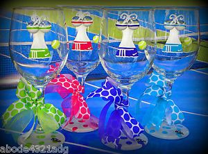 Tennis Wine Glass Lady Hand Painted Ladies Whimsical Game Gift Fun Womens Funny