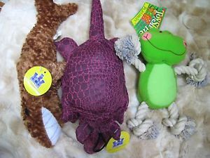Lot of 3 New Dog Toys Squeaky Shark Squeaky Armadillo and Pull Toy Frog
