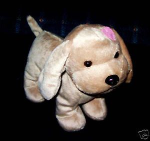 Toys R US Tan Plush Puppy Dog with Pink Heart Stuffed Animal Play Toy 7"