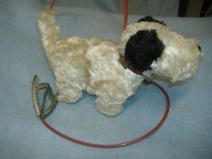 1950 Mechanical Toy Alps Fido Dog Tin Plush Fur Vintage Hand Cable Wind Up Japan