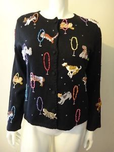 Michael Simon New York Women's Black Knit Dog Show Theme Cardigan Sweater Size L