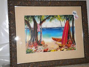 Peggy Chun Beach Dream Framed Print Canoe Surf Board Guitar Ocean Art