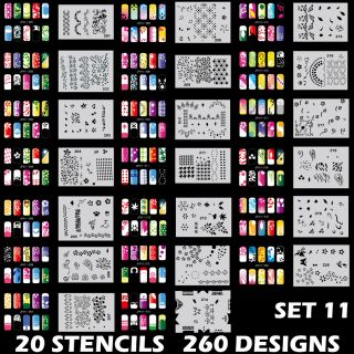 Set 11 260 Airbrush Nail Art STENCIL DESIGNS 20 Template Sheets Kit Brush  Paint