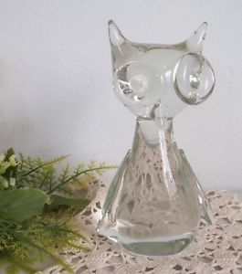 Vintage Clear Hand Blown Studio Art Glass Owl Paper Weight Figurine