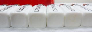 12 Vtg Art Deco Griffiths Milk Glass Spice Jars Bottles w Red Metal Lids Rack