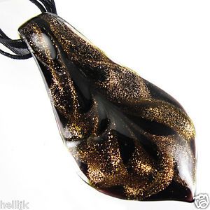 The Milky Way Leaf Shape Handmade Art Murano Glass Pendant Ribbon Necklace Cord