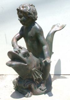 Cast Bronze Boy on Fish Water Fountain