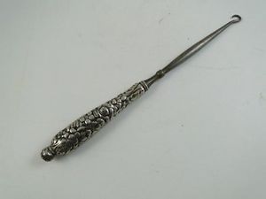 Antique Art Nouveau Sterling Silver Embossed Flower Button Hook Tool Device Vtg