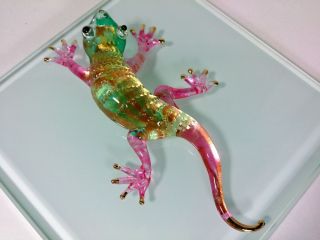 Gecko Lizard Hand Paint Blown Glass Art Gold Trim Figurine Collection Decor S110