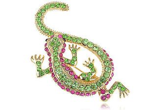 Peridot Fuchsia Pink Crystal Rhinestone Golden Lizard Gecko Reptile Pin Brooch