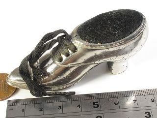Antique Vintage Silver Plate Velvet Pin Cushion Shape of Ladies High Heel Shoe