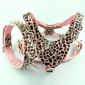 Pink Leopard Spiked Studded Leather Dog Harness Collar Set for Pitbull Bully