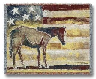 Western Rustic Horse Patriotic American Flag Tapestry Throw Bed Blanket