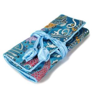 Silk Jewelry Travel Bag Roll Case Pouch Carrying Brocade Fabric Turquoise Zipper