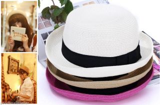Fashion Chic Straw Derby Cap Women Girl Bow Ribbon Topper Summer Beach Sun Hat