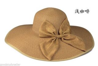 Vintage Straw Derby Cap Womens Flax Bow Wide Large Brim Summer Beach Sun Hat
