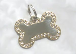 Custom Engraved Pet Dog ID Tag Designer Bling Bone Gold w Clear Gems ♥