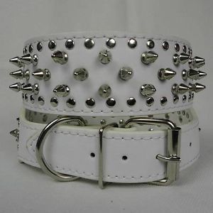 2" White Rows Spiked Studded Leather Pitbull German Shepherd Dog Collar s 17 20"