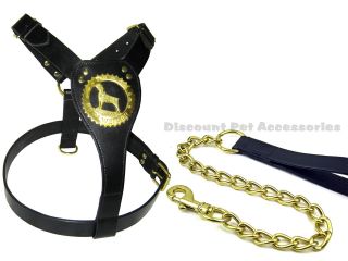 Black Real Leather Dog Harness Rottweiler Emblem Brass Strong Heavy Chain Lead