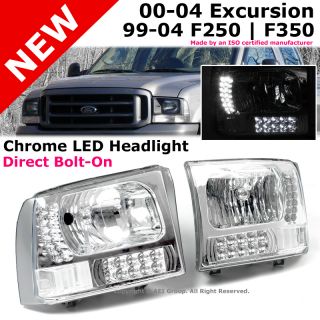 Ford F 250 F 350 Super Duty Excursion Chrome Housing Headlight LED White