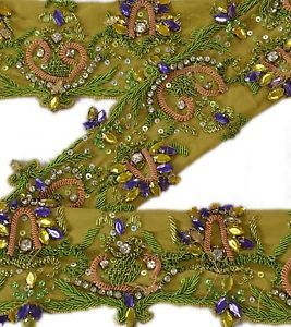 Antique Vintage Sari Border Hand Beaded ZARI Craft Trim Lace 3"w Decor Green