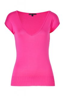 Hot Pink Mercerized Cotton Tabatha Cap Sleeved V Neck by RALPH LAUREN