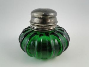 Antique Emerald Green Art Glass Inkwell Ink Bottle Silver Plated Vintage Old