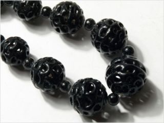 18" Vintage Czech Hollow Spun Black Glass Beads Necklace