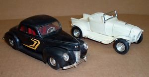 2 Old Built Plastic Model Cars 1940's Hot Rod Pickup Vintage Auto Rubber Tires