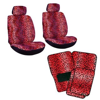 10pc Full Set Red Leopard Print Car Bucket Seat Covers Floor Mats