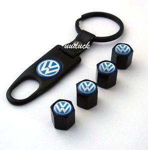 Black 4pcs Logo Car Tyre Tire Valve Stem Caps Cover Keychain Volkswagen VW UZ