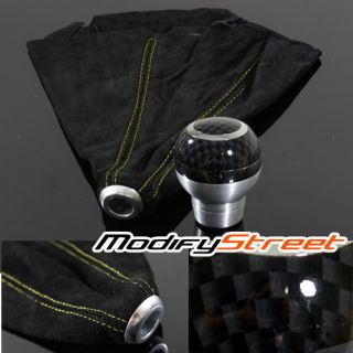 Aluminum Round Ball Carbon Fiber Look Manual Shift Knob Yellow Stitch Suede Boot