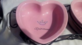 Pink Princess Heart Heavy Ceramic Water Food Bowels w Rod Iron Base Handles