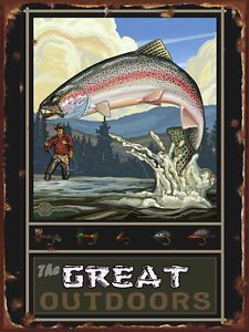 Great Outdoors Metal Sign Trout Fly Fishing Tied Lures Retro Mountain Painting