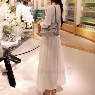 Women White Long Sleeve Chiffon Bohemian Maxi Dress Fall Casual Free Size