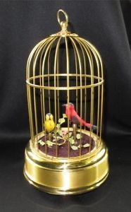 Old Automation Linden German Singing Bird Brass Cage Music Box 2 Birds Works