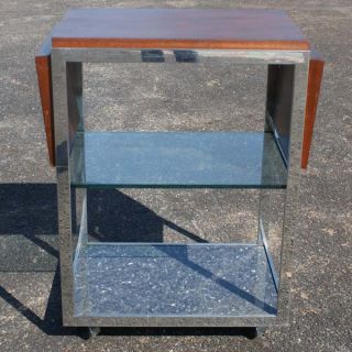 Vintage Drop Leaf Stainless Wood Glass Bar Table Cart