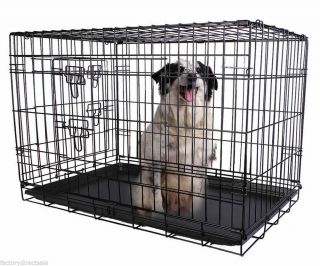 New 42" 2 Doors Wire Folding Pet Crate Dog Cat Cage Playpen Suitcase w ABS Tray