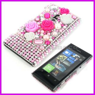 Crystal Bling Back Case Cover for Nokia Lumia 800 Pink White Flower