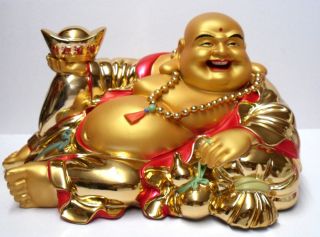 Large Golden Money Bag Happy Lucky Buddha Figure