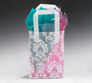 10ct Floral 7x5x3 White Damask Print Plastic Tote Gift Bags w Handles Weddings