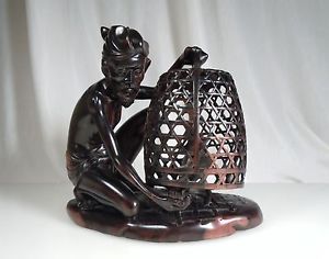 Bali Wood Sculpture Carving Man Feeding Rooster in Cage