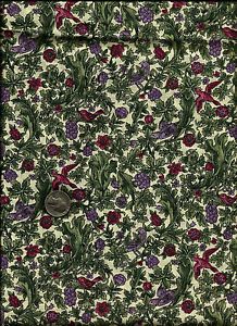 "Camelot" Print Floral Birds Fruit Green Rose Purple on Cream Fabric by Hoffman