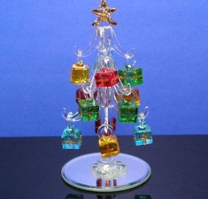 Miniature Glass Christmas Tree w Hanging Gift Boxes