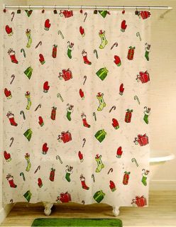 Christmas Shower Curtain Vinyl with 12 Matching Hook Set Candy Canes Holiday New