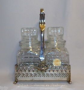 Vintage English Clear Cube Glass Pickle Castor Set Complete 2 Jars Holder Fork