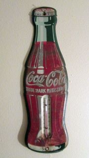 Vintage Original Coca Cola Tin Die Cut Thermometer 17" Bottle
