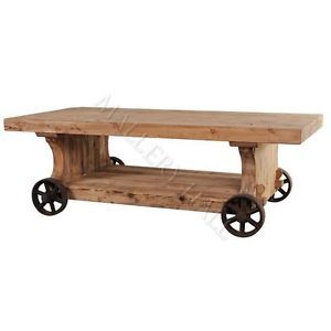 Reclaimed Pine Coffee Table on Wrought Iron Wheels