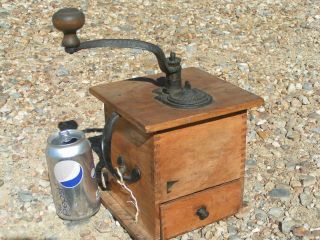 Antique Tall Cofee Grinder Primitive Old Dovetailed Wood Metal